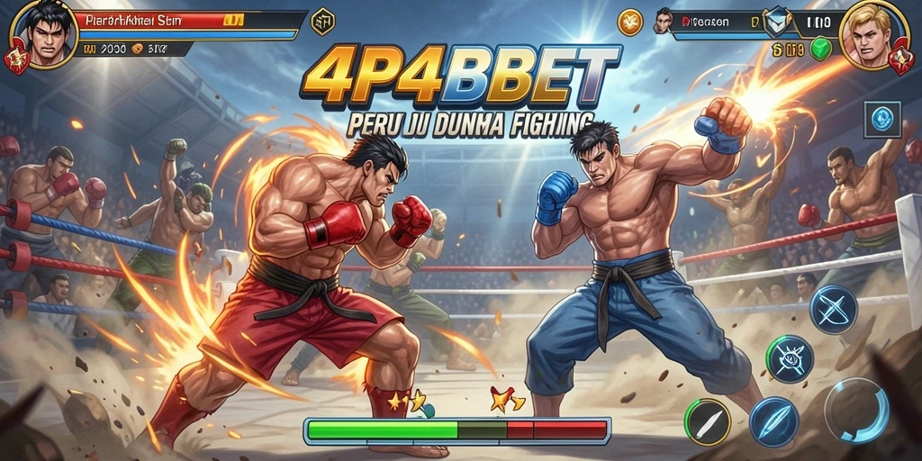 Tampilan gameplay seru dengan karakter bertarung di arena.