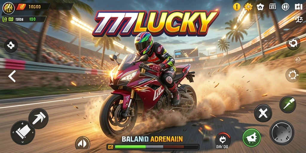 Screenshot gameplay 777LUCKY menampilkan aksi balapan motor yang mendebarkan.