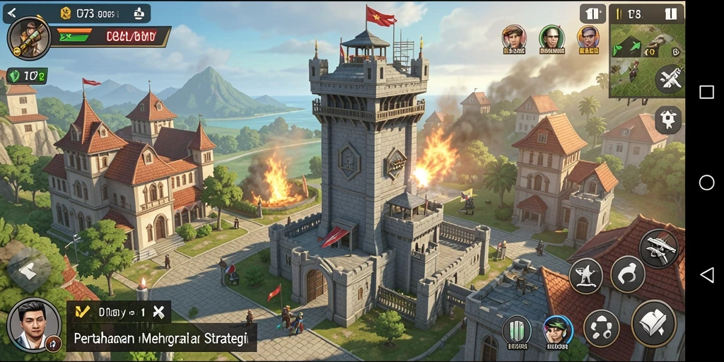 Screenshot D73 menampilkan aksi seru dalam pertahanan menara.