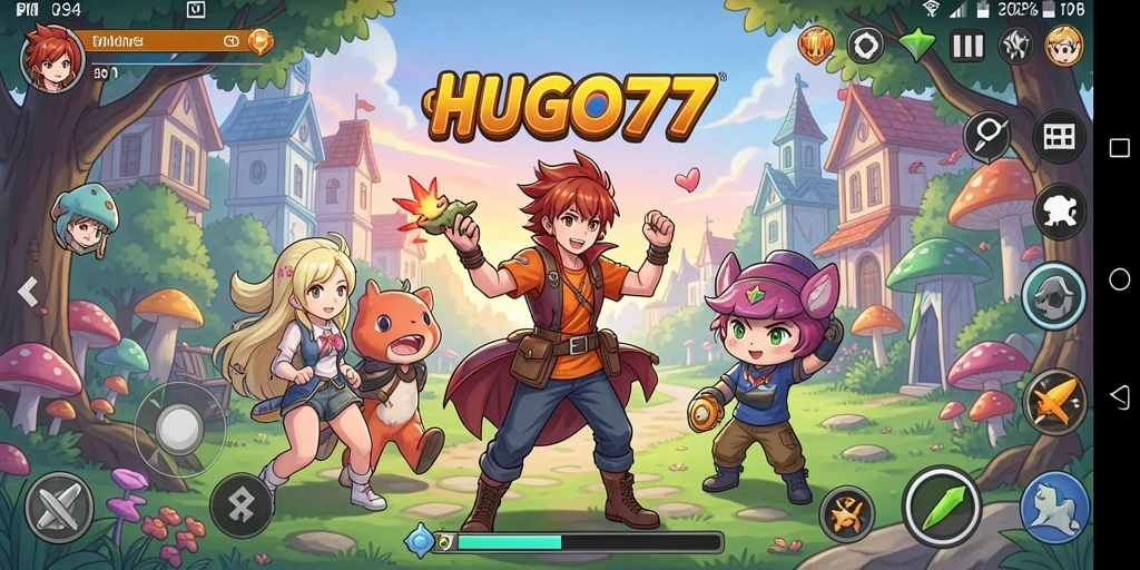 Tampilan gameplay HUGO77 yang penuh aksi dan karakter anime.