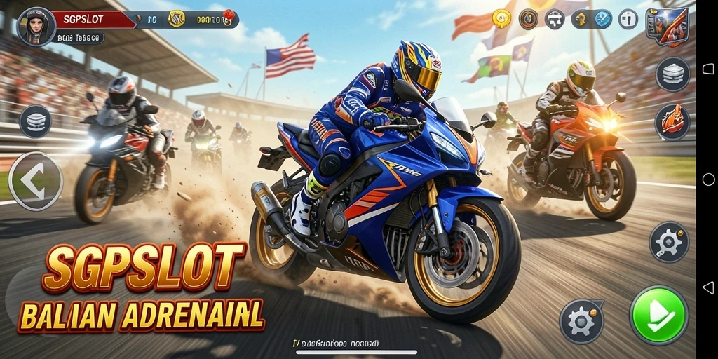 Tampilan gameplay <strong>SGPSLOT</strong> yang mendebarkan dalam balapan motor.