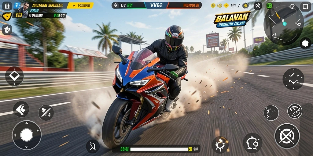 Screenshot gameplay VV62 yang menunjukkan balapan motor yang mendebarkan.
